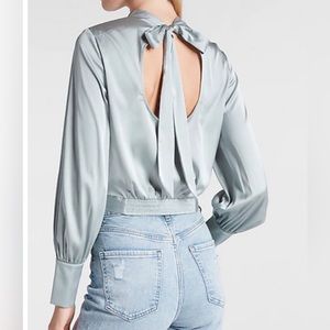 Express Satin Mock Neck, Open Back Blouse